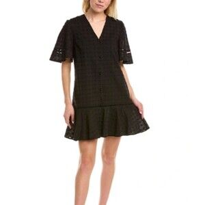 Pearl By Lela Rose Dotted Flounce Hem Mini Dress In Black Size Medium